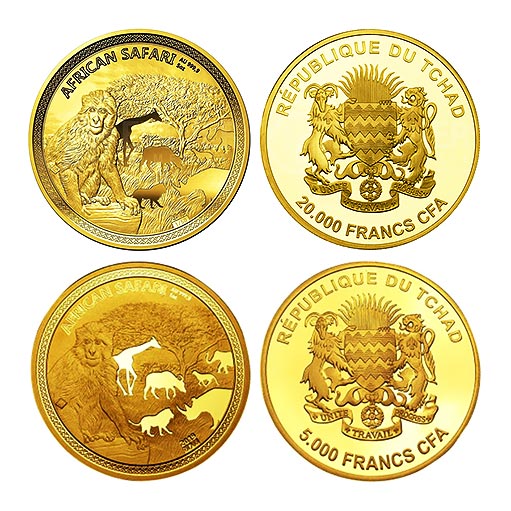 Памятные золотые монеты из нумизматической серии «Африканское сафари», посвященные обезьяне.