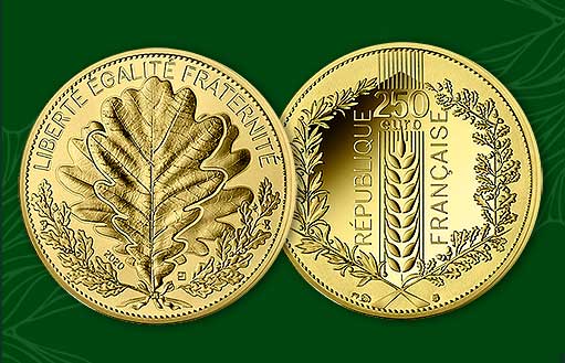 дубовый лист на инвестиционной золотой монете Франции