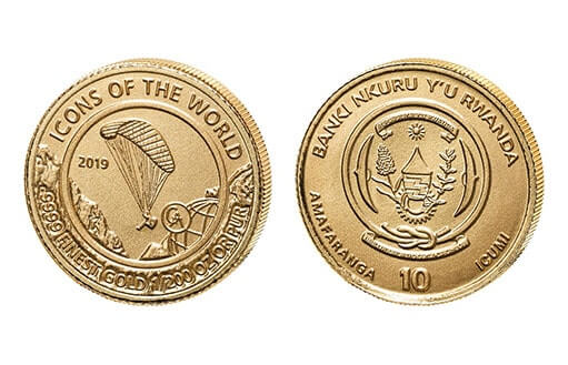 Золотая монета Руанды с изображением параплана