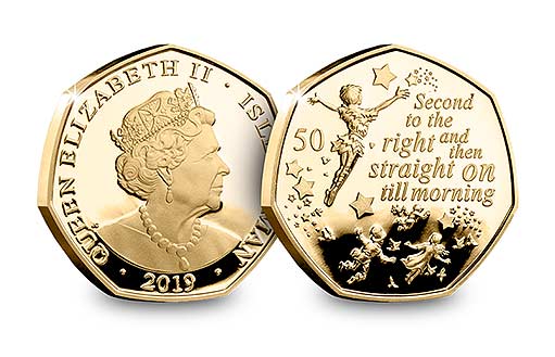 Памятная золотая монета семигранной формы, посвященная сказочному герою Питеру Пэну