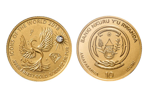 золотая монета Руанды птица Феникс