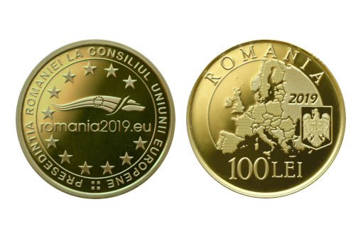 румынская монета из золота о председательстве в Евросоюзе