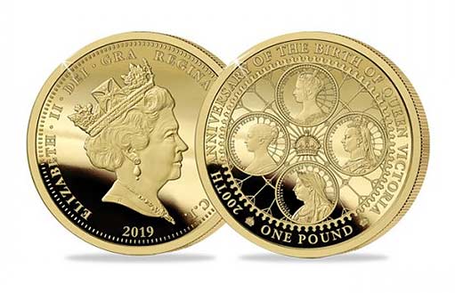 Три золотые монеты по эмитенту Олдерни к двухсотлетнему юбилею Королевы Виктории