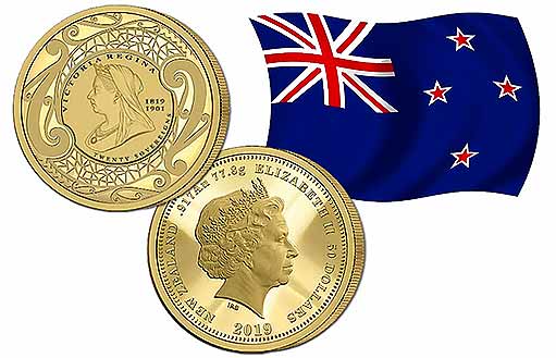памятная монета из золота с изображением королевы Виктории по эмитенту Новой Зеландии