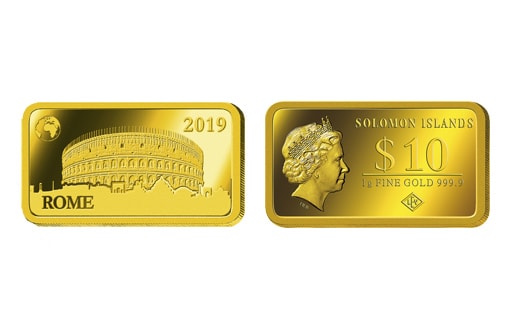Коллекционная золотая монета из нумизматической серии «Шедевры архитектуры», посвященная Колизею в Риме.