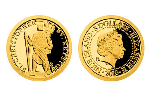 золотая монета Ниуэ посвящена Святому Христофору