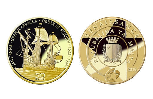 Мальтийская золотая монета с кораблем крестоносцев