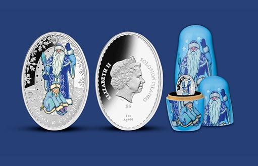 Русский Дед Мороз на овальных монетах из серебра
