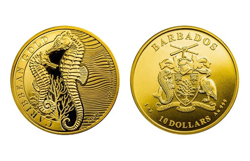 барбадоские инвестиционные монеты из золота с морским коньком