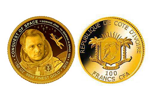 золотая монета Кот-д’Ивуар с космонавтом Зигмундом Йеном