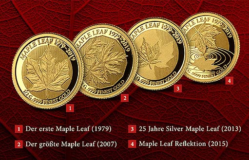 четыре золотых монеты к юбилею канадских кленовых листьев