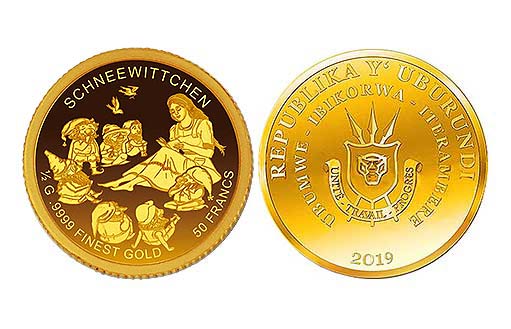 Белоснежка и 7 гномов на золотой монете Бурунди
