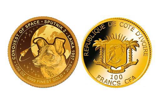 золотая монета Берега Слоновой Кости в честь покорения космоса