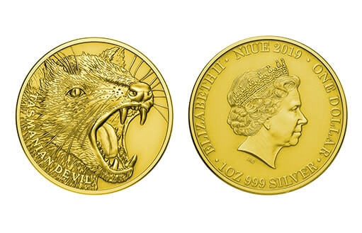 золотая монета по эмитенту Ниуэ, посвященная животному «Тасманский дьявол»