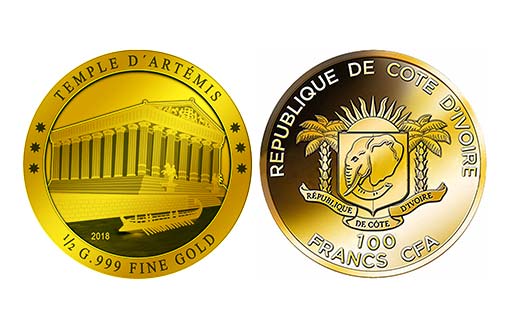 Храм Артемиды на золотых инвестиционных монетах Кот-д’Ивуар