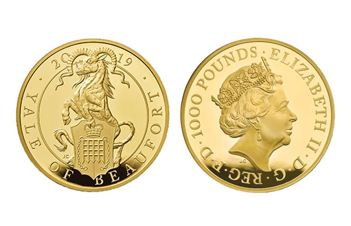 Геральдический зверь «Йейл Бофорт» на золотых монетах Великобритании
