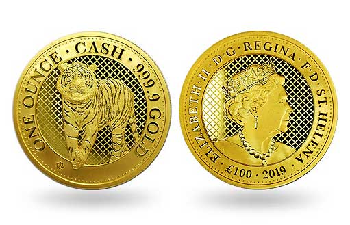 бенгальский тигр на золотой монете острова Святой Елены