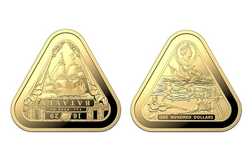 треугольная монета из золота, посвященная старинному парусному кораблю Галеону «Батавия»