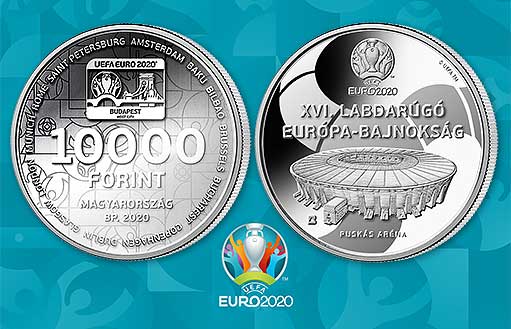 кубок чемпионата УЕФА евро 2020 на золотой монете Венгрии