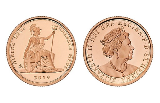выпущена золотая монета по эмитенту Острова Святой Елены, воспроизводящая дизайн реверса четверти соверена с изображением сидящей Британии