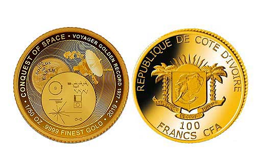 Памятная золотая монета по эмитенту Кот-д’Ивуар, посвященная космической миссии аппаратов «Вояджер»