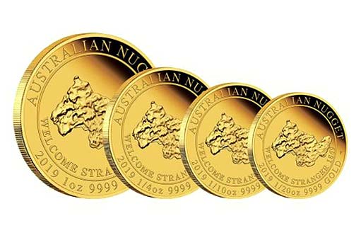 набор из четырех монет, посвященный 150-й годовщине открытия крупнейшего в Австралии аллювиального самородка золота «Желанный незнакомец»