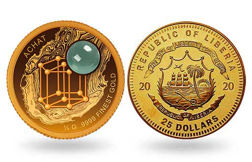 золотая монета Либерии со вставкой из агата