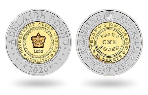 монета из золота и серебра Австралии воспроизводит Аделаидский фунт