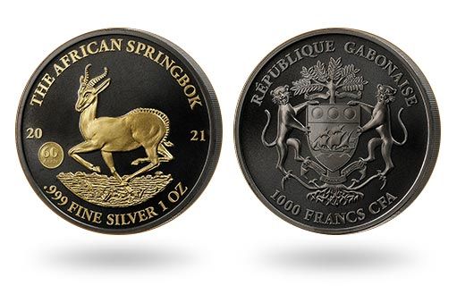 по заказу Габона вышли серебряные монеты с изображением антилопы-прыгуна Спрингбок