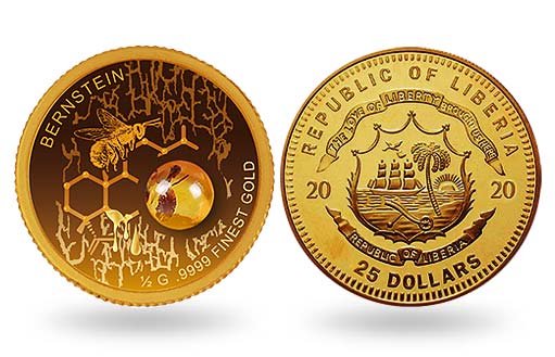 Золотые монеты Либерии со вставкой из янтаря