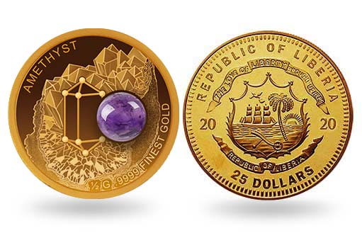 Золотая монета Либерии со вставкой из аметиста