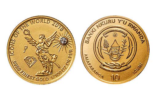 ангел независимости на золотых инвестиционных монетах Руанды