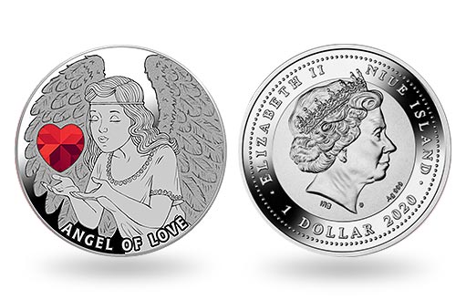 серебряная монета для подарка близким с ангелом любви и драгоценным камнем