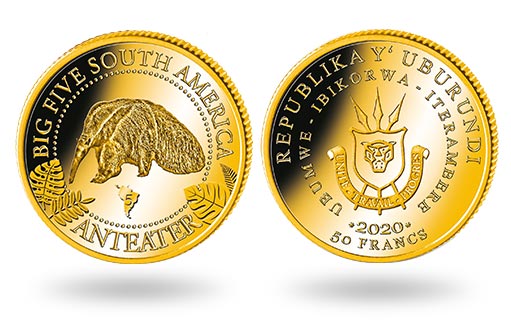южноамериканский муравьед на золотой монете Бурунди