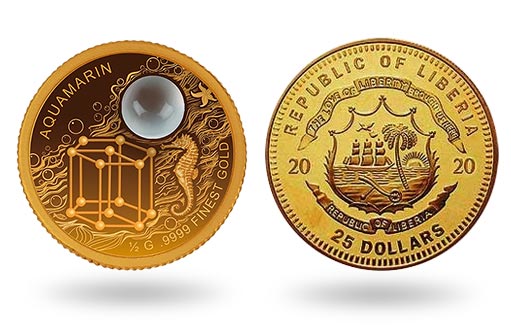 золотая монета с вставкой из аквамарина от Либерии