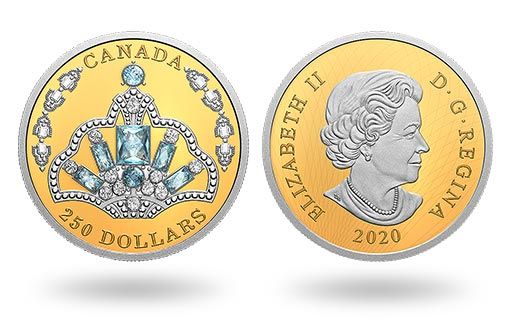 тиара королевы с бриллиантами и аквамаринами на золотых монетах Канады