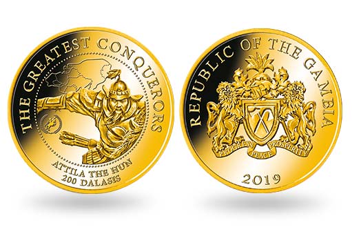 Аттила изображен на гамбийской золотой монете