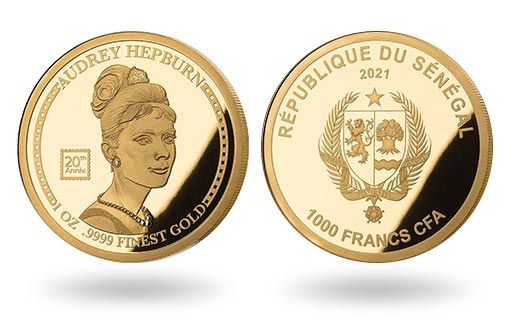 Одри Хепберн изображена на золотых монетах Сенегала