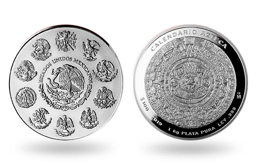 Календарь ацтеков на мексиканской серебряной монете
