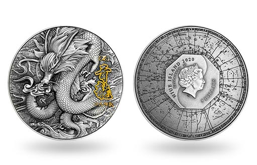 восточный дракон на серебряной монете-талисмане Ниуэ