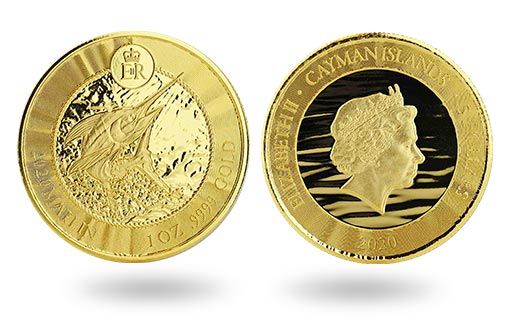 Голубой Марлин украшает золотые монеты Каманов