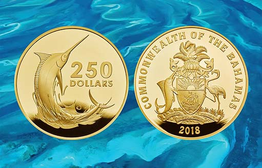 Атлантический голубой марлин на золотых монетах Багамских Островов