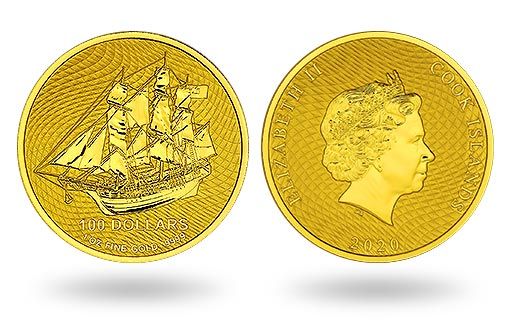парусник «Баунти» на золотых монетах Островов Кука для инвестиций