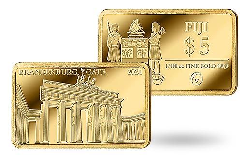 от имени Фиджи отчеканена прямоугольная золотая монета Бранденбургские ворота