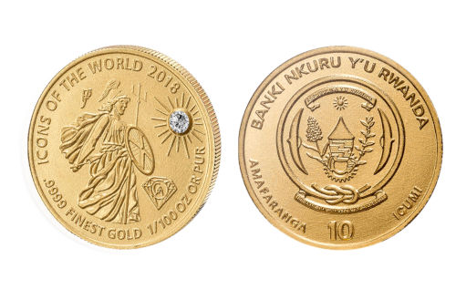 золотая Британии на монетах Руанды