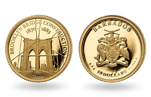 мост в Бруклине отчеканен на золотой монете Барбадоса