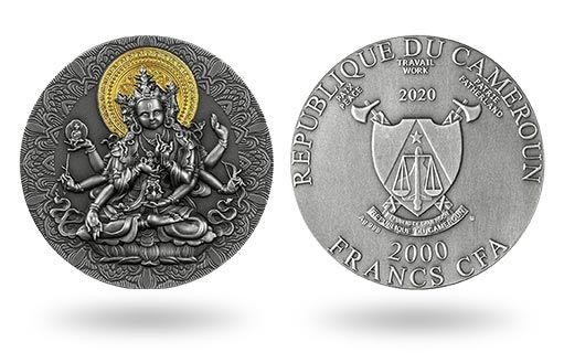 многорукий будда изображен на серебряной монете Камеруна