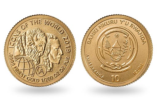 бизон и голова индейца изображены на золотых монетах Руанды