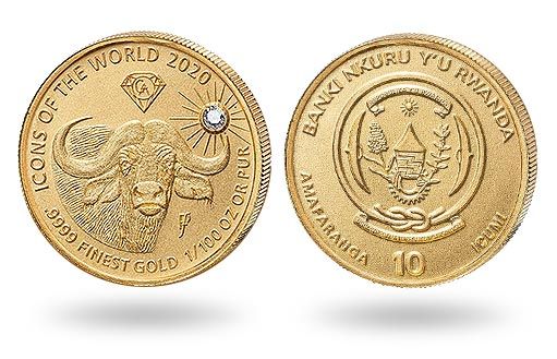 золотые руандийские монеты с буйволом украшены бриллиантом