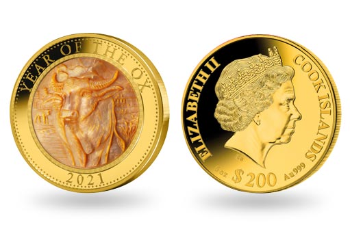 сувенирная монета из золота с перламутром к новому году Быка